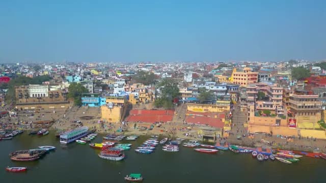 Aerial View of Varanasi Ghats and Boats on Ganges River