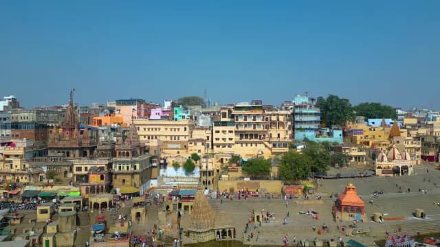 Aerial View of Vibrant Ghats and Ancient Temples in Varanasi India