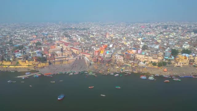 Aerial View of Varanasi Ghats and Ganges River in India