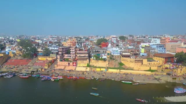 Aerial Panoramic View of Varanasi Ghats and Ganges River India