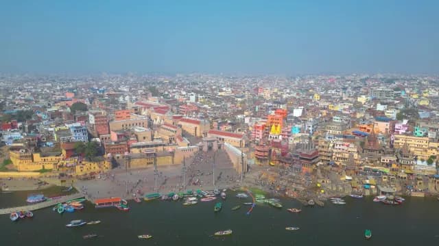 Aerial Panorama of Sacred Varanasi Ghats and Ganges River in India