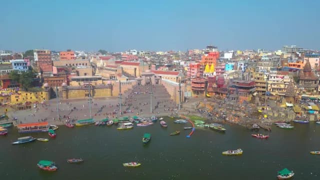 Aerial Panorama of Varanasi Ghats and Ganges River India