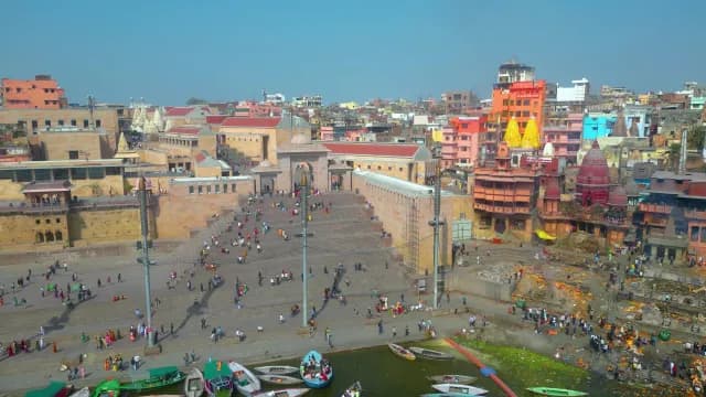 Aerial View of Kashi Vishwanath Corridor and Ganga River Ghats Varanasi