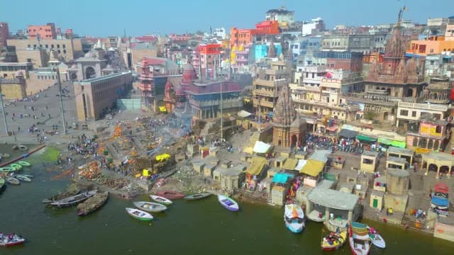 Aerial View of Manikarnika Ghat and Ganges River in Varanasi India