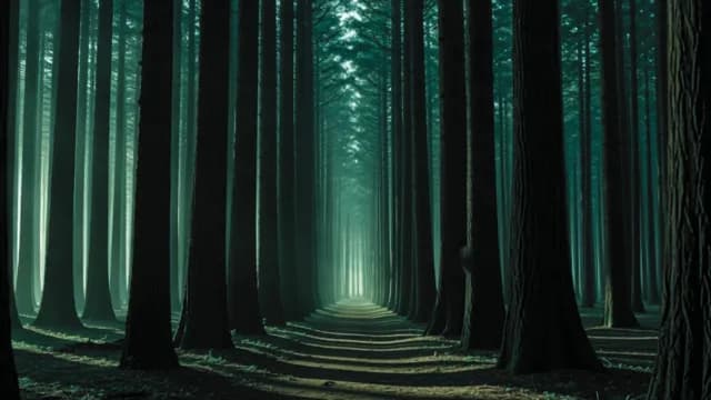Cinematic Symmetrical Path Through Moody Pine Forest