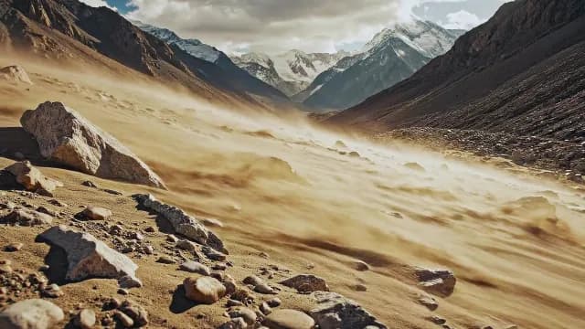High Altitude Mountain Sandstorm with Snow Peaks Landscape