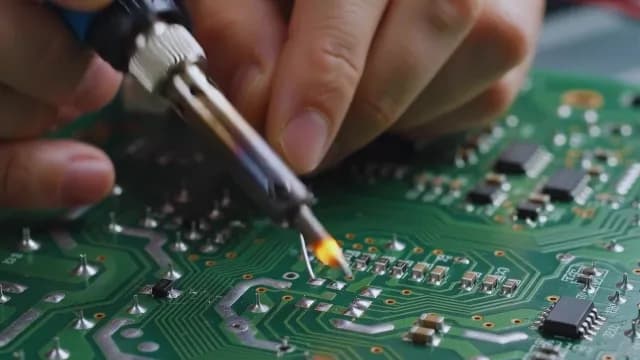 Close-Up Technician Soldering Electronic Components on Green Circuit Board