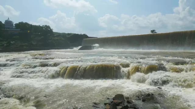 Powerful Waterfall Rushing Over Rocky Tiers Near Ancient Temple, Rajdari Devdari Dam, Varanasi, Uttar Pradesh