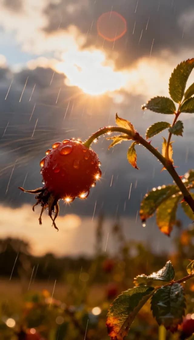 Rose Hip Glistening in Golden Hour Sun Shower