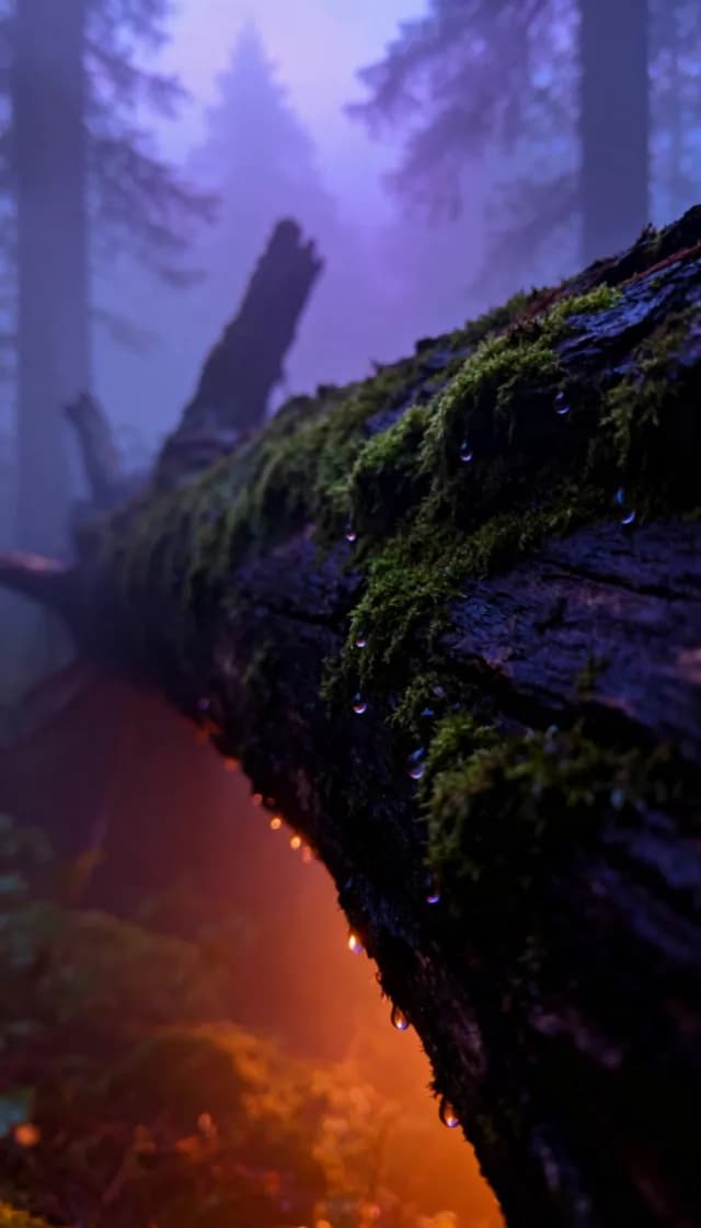 Ethereal Mossy Log in Misty Forest with Cinematic Lighting
