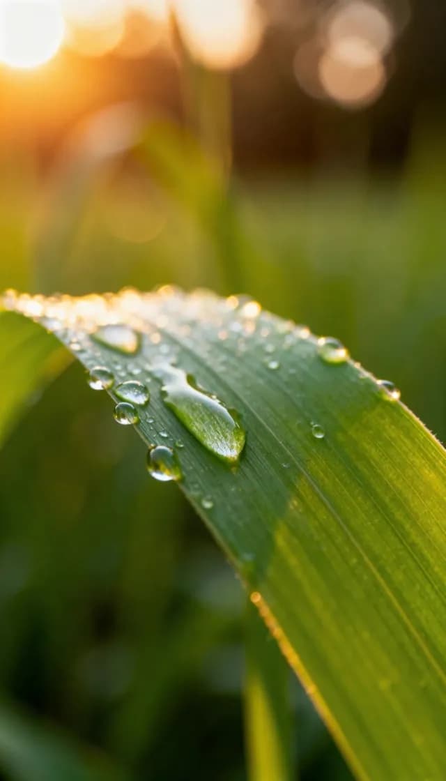 Dew Drops on Green Grass Leaf at Sunrise