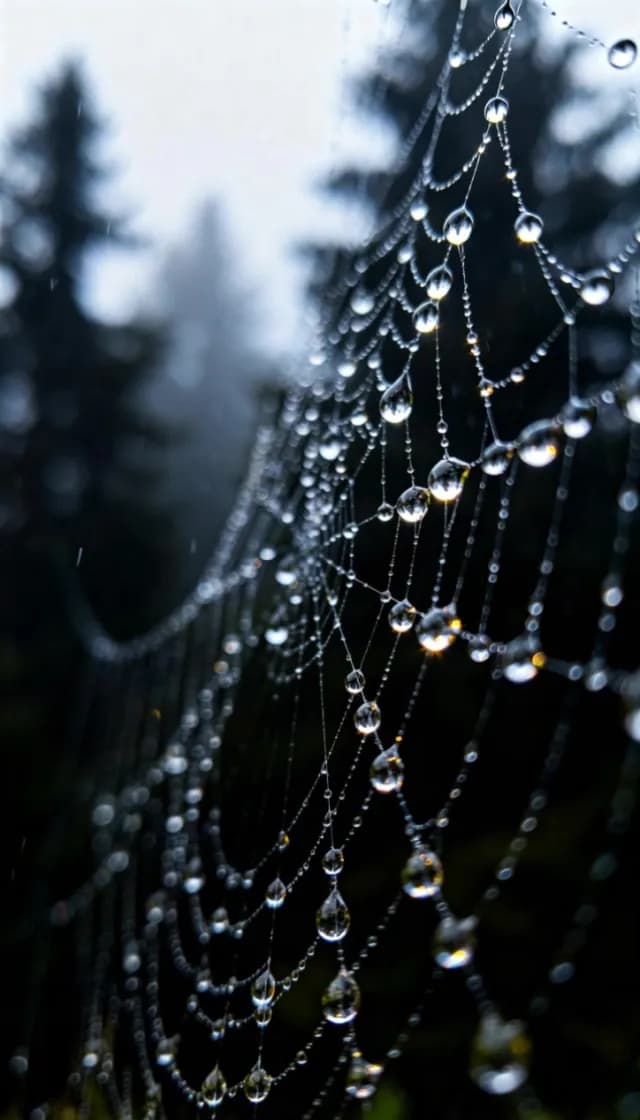 Macro View of Dewy Spider Web in Rainy Dark Forest