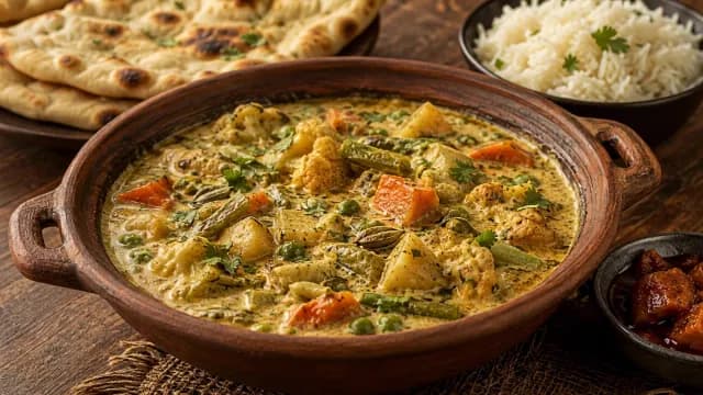 Authentic Indian Vegetable Curry Served with Naan and Basmati Rice