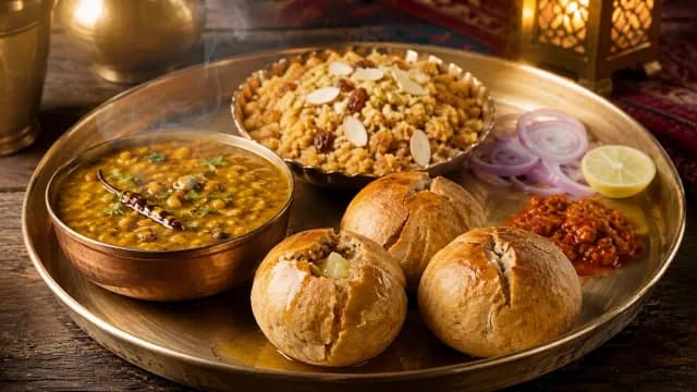 Traditional Rajasthani Dal Baati Churma Thali with Steaming Lentils