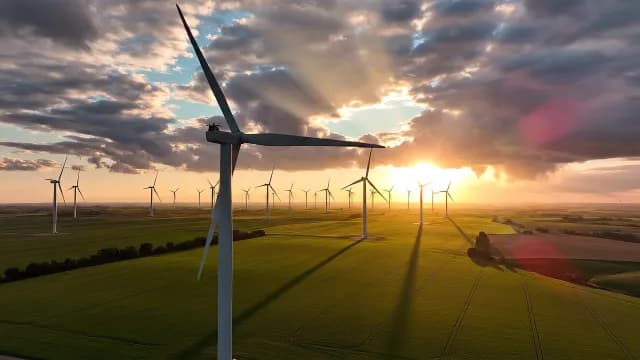 Wind Farm Landscape Under Golden Sunset Sky