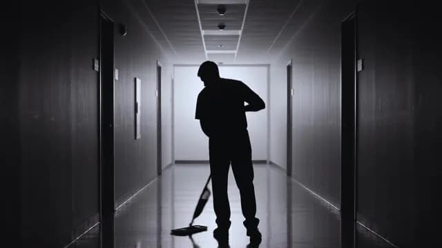 Silhouette of Janitor Cleaning Empty Office Hallway Floor
