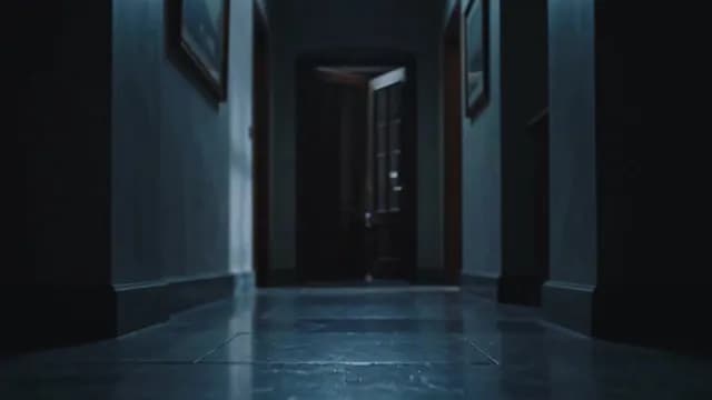 Dark Cinematic Hallway with Open Doorway in Dim Light