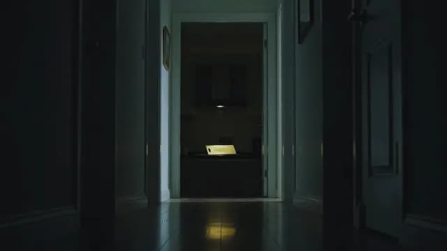 Cinematic Dark Hallway Perspective Leading into Dimly Lit Kitchen