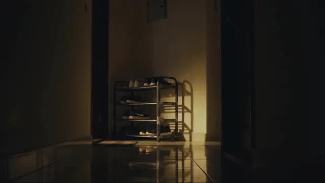 Dimly Lit Hallway Shoe Rack with Warm Ambient Lighting