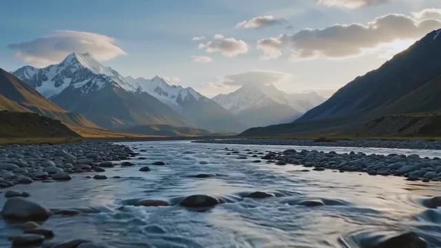Snow-Capped Mountains and Glacial River at Sunset