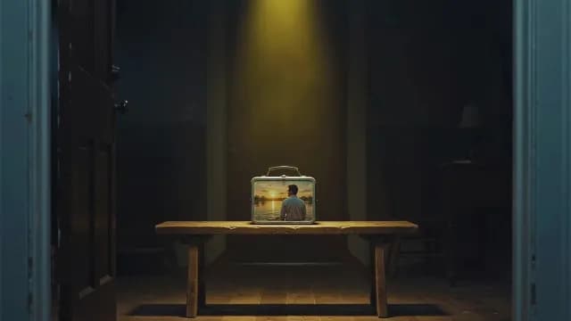 Surreal Vintage Suitcase Displaying Sunset Memory on Wooden Bench
