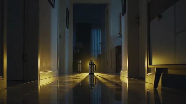 Cinematic Thermos Flask Glowing in Dark Home Hallway
