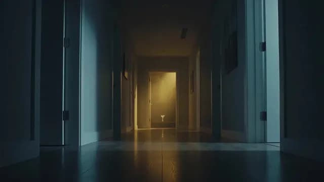 Dark Modern Hallway with Warm Light Spilling from Open Doorway