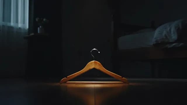 Wooden Hanger Illuminated in Dark Minimalist Bedroom Interior