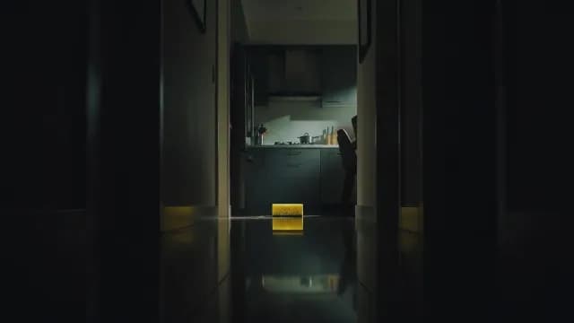 Cinematic Glowing Sponge in Dark Apartment Corridor