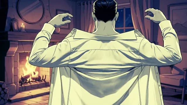 Man Putting on White Shirt in Cozy Fireplace Room Animation