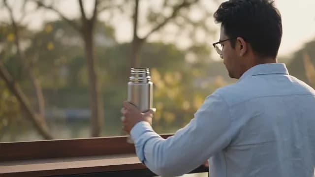 Man Holding Stainless Steel Thermos Bottle Outdoors During Golden Hour