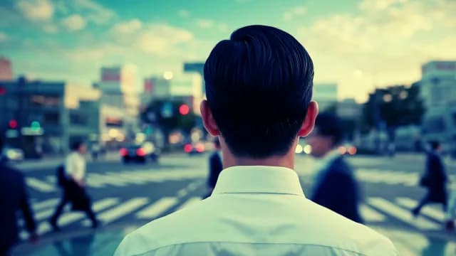 Businessman Overlooking Busy City Crosswalk at Dusk