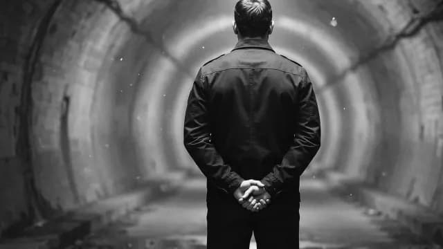 Cinematic Man Standing in Dark Concrete Tunnel Back View