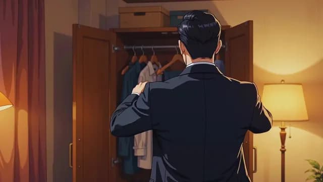 Anime Businessman Adjusting Suit Jacket in Front of Wardrobe