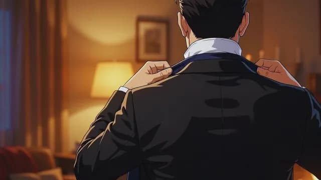 Man in Suit Putting on Jacket Anime Illustration