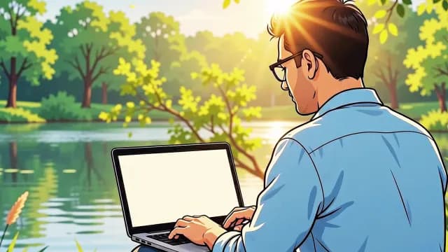 Man Working Outdoors on Laptop by Scenic Lake