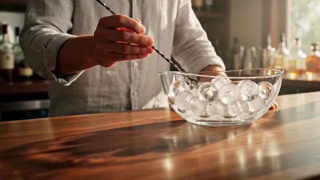 Bartender Stirring Spherical Ice in Glass Bowl on Wooden Bar