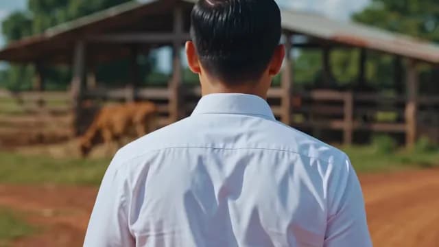 Rear View of Professional Man Observing Rural Cattle Farm