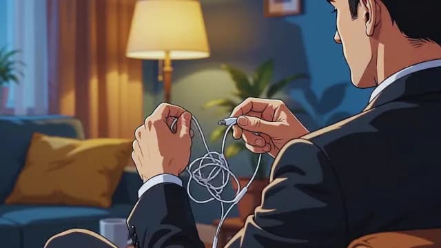 Anime Businessman Untangling Messy White Earphones in Cozy Living Room