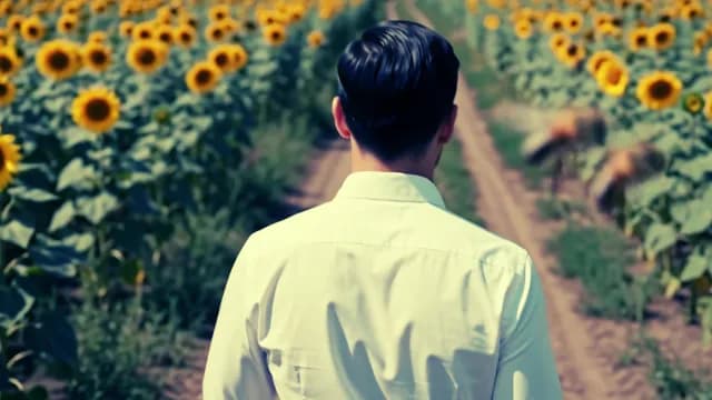 Man Walking Through Vibrant Sunflower Field on Sunny Day