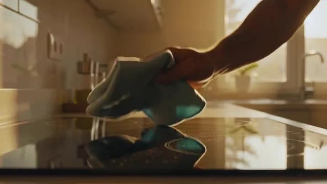 Person Cleaning Glass Electric Stovetop in Sunlit Modern Kitchen