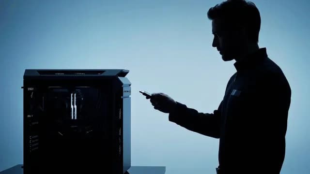 Silhouette of Man Inserting USB Drive into Desktop Computer Tower