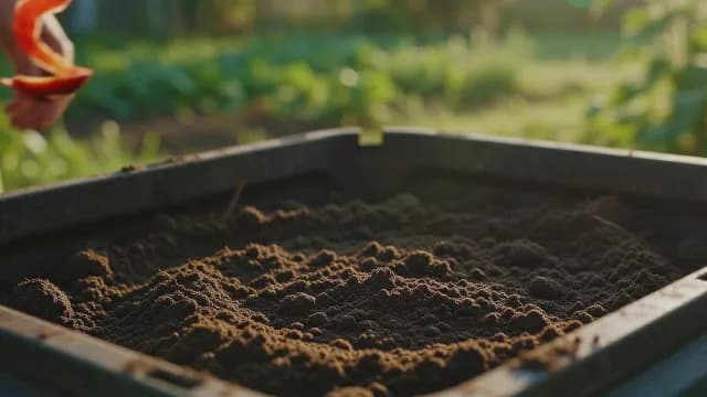 Hand Dropping Organic Food Waste into Garden Compost Bin