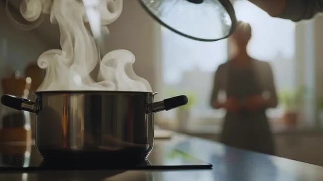 Steam Rising from Cooking Pot in Bright Modern Kitchen