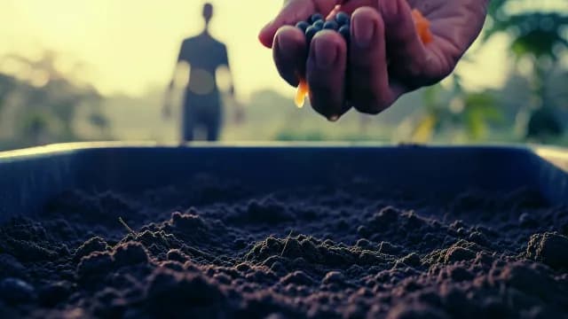 Farmer Planting Seeds in Dark Soil at Sunset