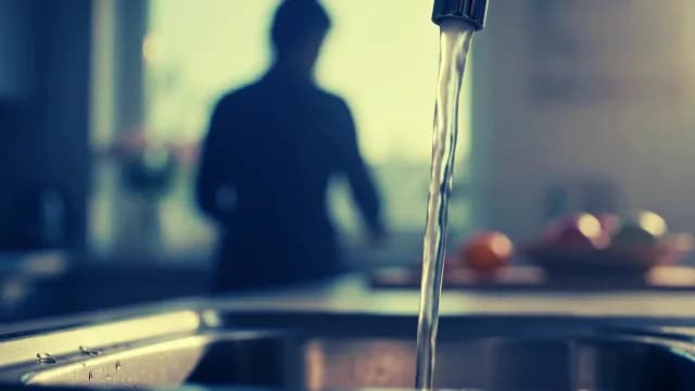 Running Water from Kitchen Faucet with Blurred Person Background