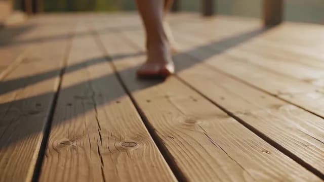 Barefoot Person Walking on Wooden Deck During Golden Hour
