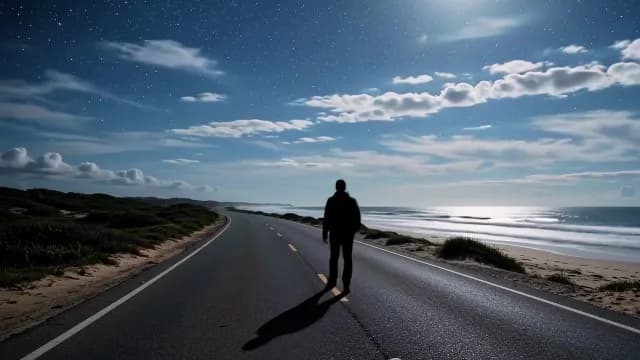 Silhouette Walking Coastal Road Under Starry Night Sky
