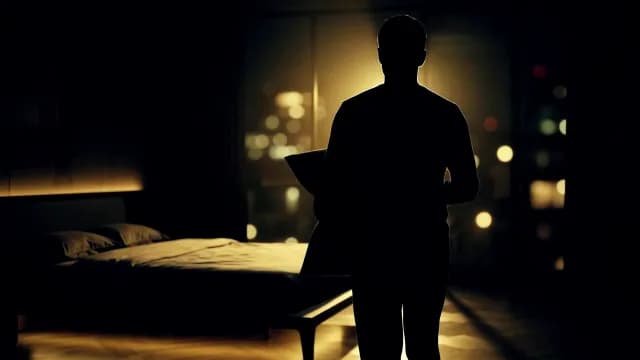 Silhouetted Man Working Late in Modern Bedroom with City View