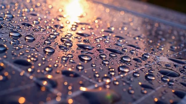 Macro Water Droplets on Solar Panel at Sunset